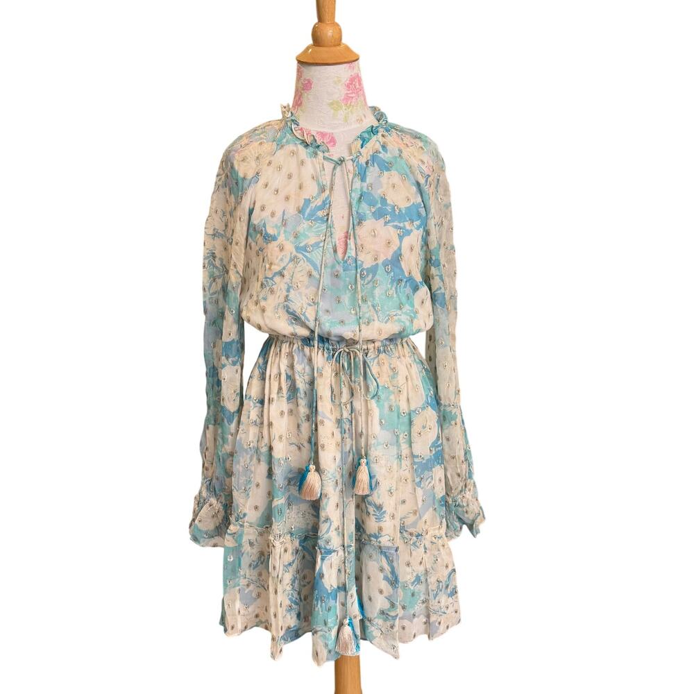 Hemant & Nandita Blue Floral Georgette Metallic Mini Dress Size Small